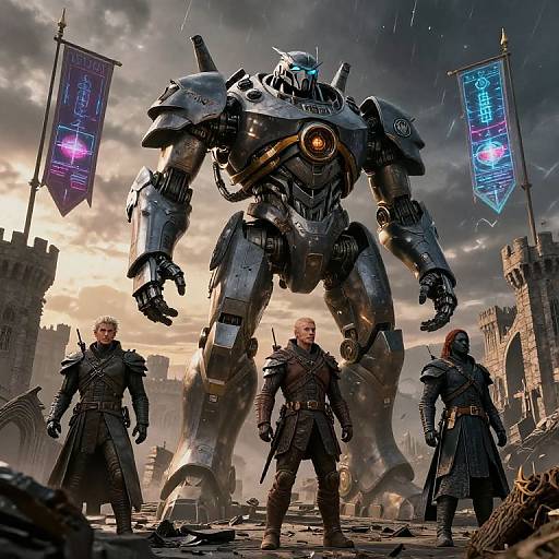 Digital painting: Three armored men stand before a massive, glowing, futuristic robot in a rain-soaked, ruined castle courtyard with neon banners.