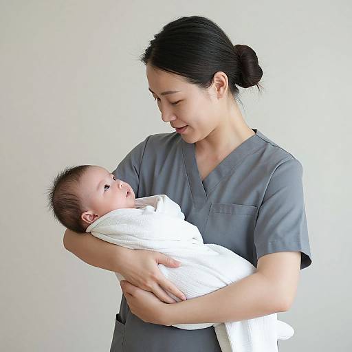 Nurse Holding Baby in Gray Dress