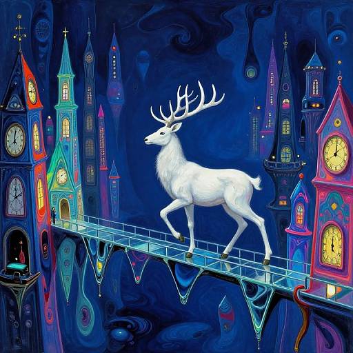 Fantastical digital painting of a white stag with antlers crossing a glowing bridge between vibrant, colorful, illuminated clock towers in a dark, swirling blue