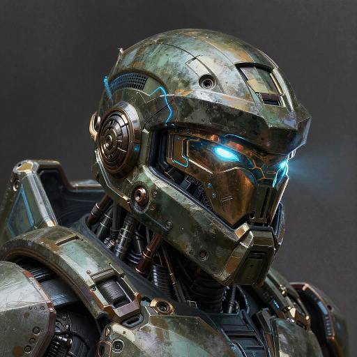 Photorealistic digital artwork of a futuristic, metallic, armored warrior with glowing blue eyes and intricate, worn, metallic headgear against a dark background.