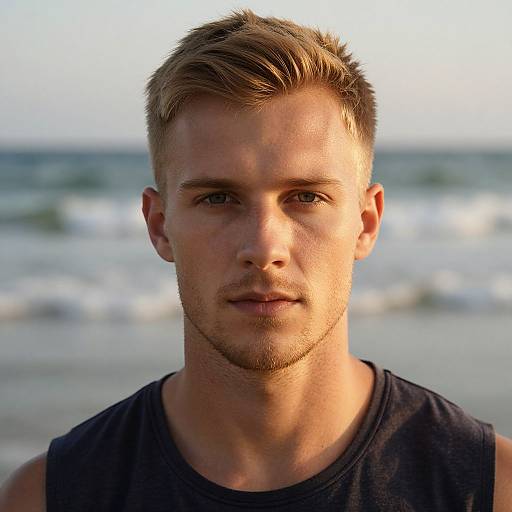 Confident Blonde Young Man on Beach