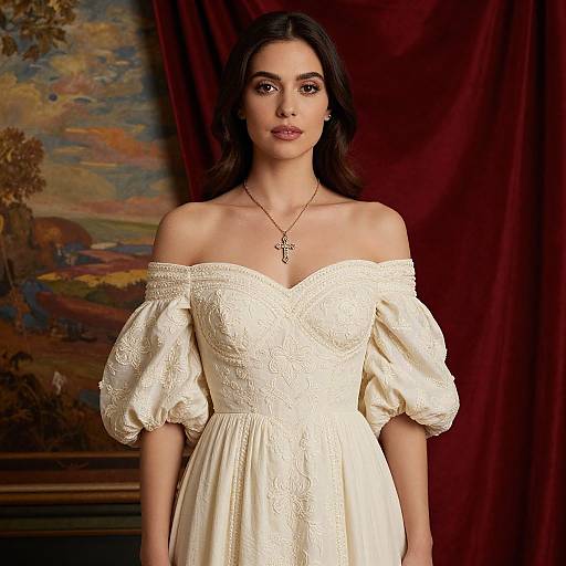 Photograph of a brunette woman with fair skin wearing an off-the-shoulder, puffed-sleeve, ivory lace dress and a cross necklace
