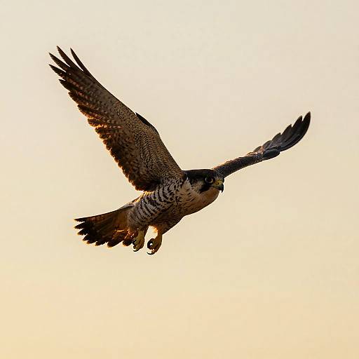 Peregrine Falcon in Mid-Flight at Sunset