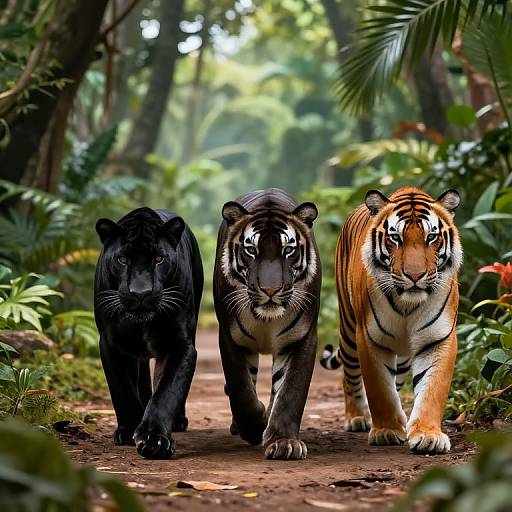 Photograph of three tigers walking on a forest path: left black tiger, center dark-striped tiger, right orange tiger, surrounded by lush greenery