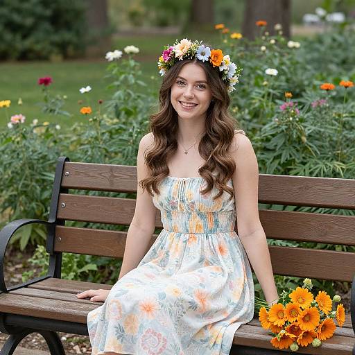 Photograph of a smiling young woman with long brown hair, wearing a floral crown and white dress, sitting on a wooden bench in a colorful garden,