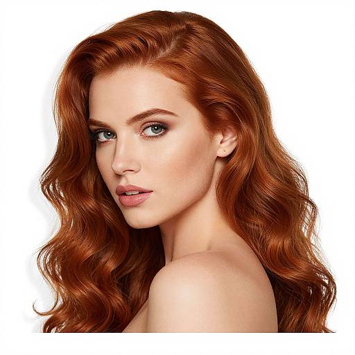 Photograph of a fair-skinned, red-haired woman with wavy hair, blue eyes, and pink lips, looking over her shoulder against a white