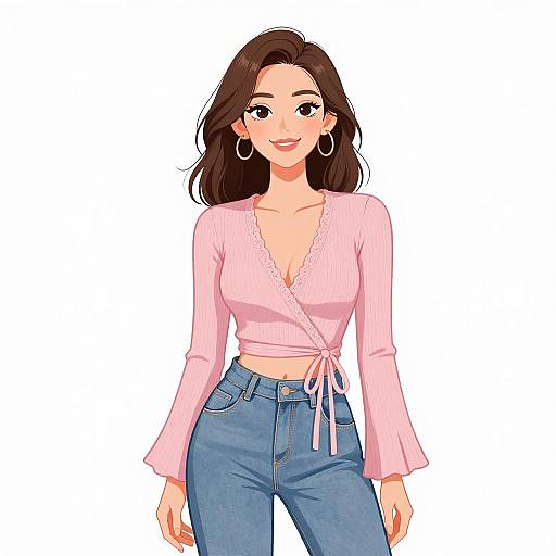 Digital anime-style drawing of a smiling woman with brown hair, wearing a pink, long-sleeve, tied-up blouse and blue jeans, against a
