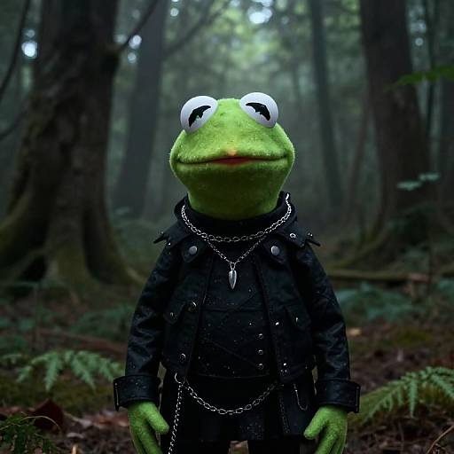 Photograph of a green frog puppet in a dark, gothic-style jacket with silver chains, standing in a misty forest.