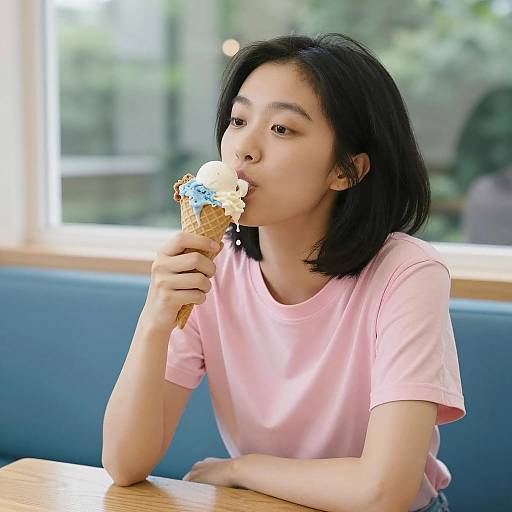 Young Asian Woman Eating Ice Cream Cone