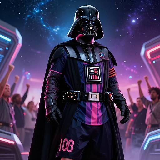 Digital artwork of Darth Vader in a neon-lit, space-themed concert. He wears a black outfit with pink and blue lights, standing amidst cheering crowd