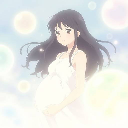 Anime-style digital drawing of a young woman with long black hair, large brown eyes, and a white, partially obscured top, against a soft blue gradient