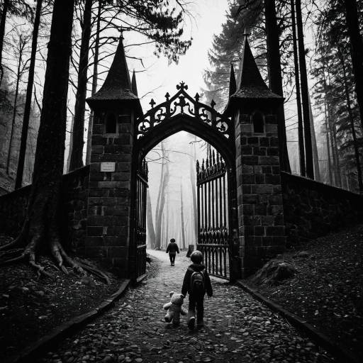 Boy Walking Through Gothic Gate in Dark Forest