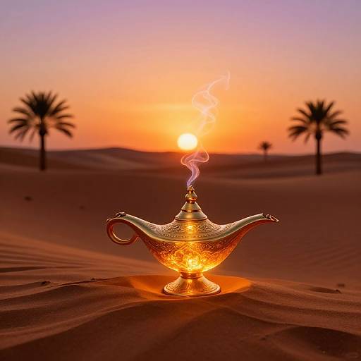 Photograph of an ornate, glowing genie lamp with smoke rising, set in a desert at sunset, with silhouetted palm trees in the