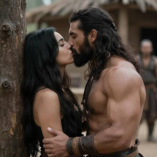 Primitive Couple Kissing by Tree