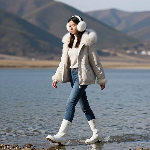 Photograph of an Asian woman in a white fur-trimmed jacket, blue jeans, and white boots, walking by a lake with mountains in the