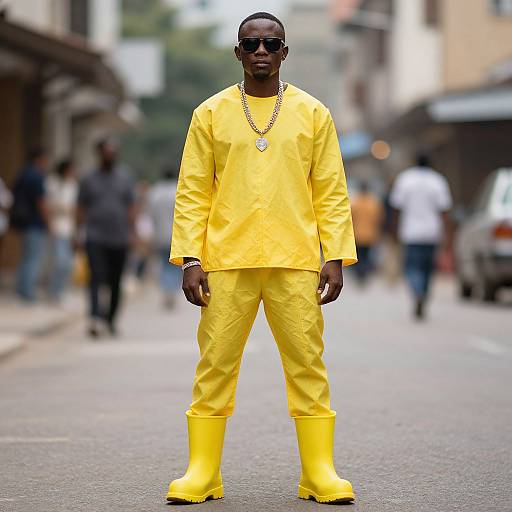 Man in Yellow Outfit and Boots on Street