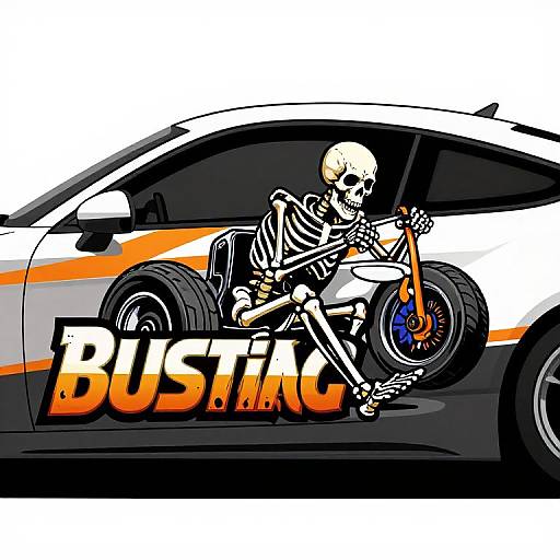Digital illustration of a skeleton playing a guitar from a car, with 