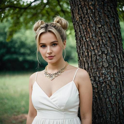 Blonde Woman in White Dress by Tree