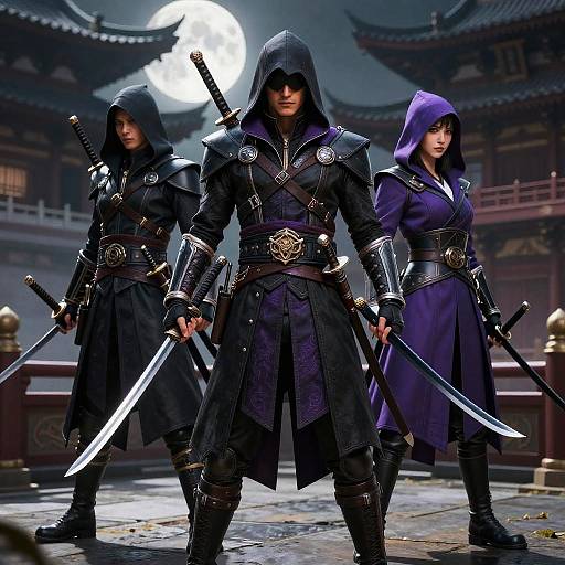 Three stealthy, hooded samurai warriors in dark, ornate armor with drawn swords stand under a full moon in an ancient Japanese courtyard. Digital