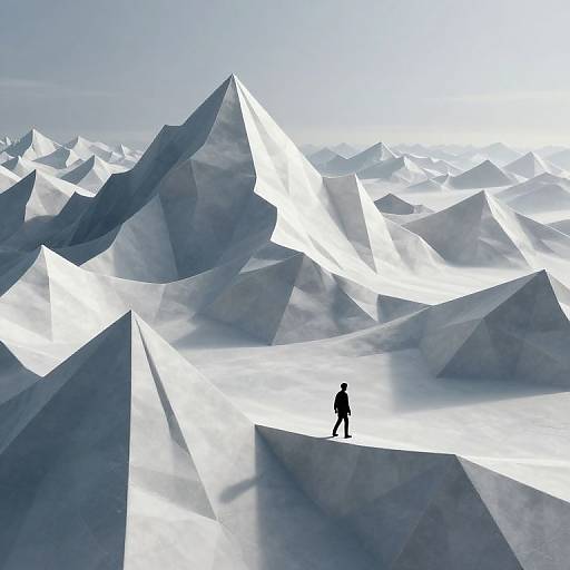 Photorealistic digital art of a solitary silhouetted figure standing on a white, geometric, glacier-like landscape with sharp, angular peaks under a