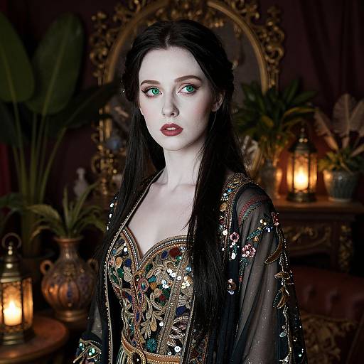 Photorealistic digital portrait of a pale-skinned woman with long black hair, green eyes, and intricate gold and gemstone embroidered black robe, illuminated