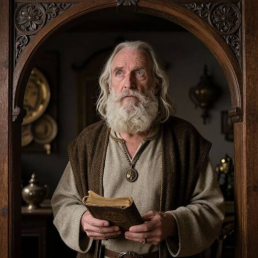 Photograph of an elderly white man with a white beard, wearing a brown vest over a beige tunic, holding an old book, standing in a