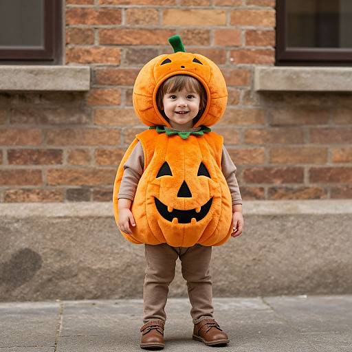 Photograph of a smiling toddler in a pumpkin costume with a Jack-o'-lantern hood, brown pants, and brown shoes, standing in front of