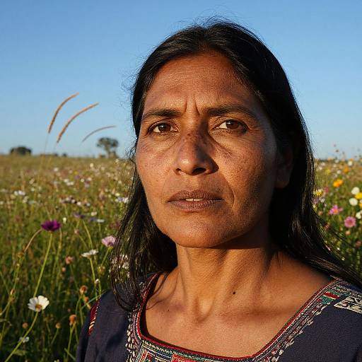 Photograph of a middle-aged South Asian woman with long black hair, brown eyes, and tanned skin, wearing traditional embroidered clothing, standing in a