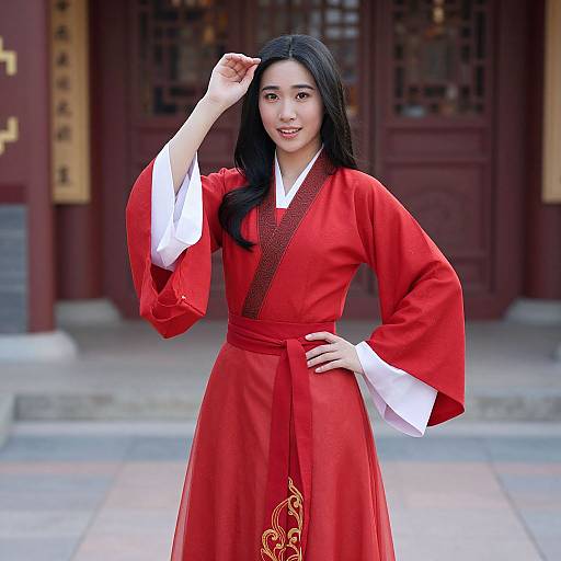 Photograph of an Asian woman with long black hair, wearing a red traditional Korean hanbok with white sleeves, standing confidently outdoors in front of a