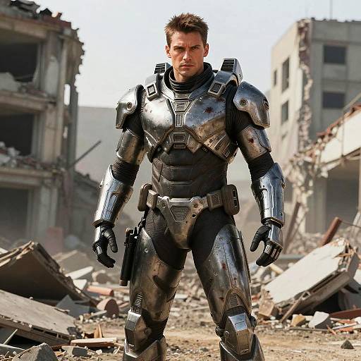 Photorealistic CGI: Muscular man in shiny, black, futuristic armor with shoulder pads, gloves, and gun, standing in a ruined, debris