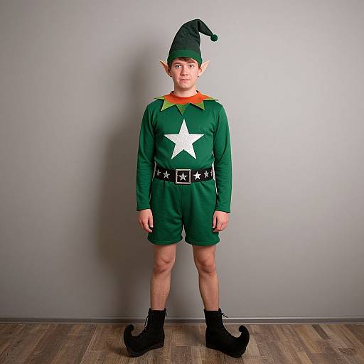 Photograph of a young Caucasian man in a green elf costume with a black hat, white star, orange collar, black belt, and black shoes,