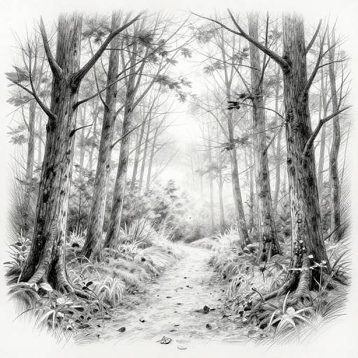 Black and white digital drawing of a forest path with tall, textured trees on both sides, leading to a bright, blurry background. Detailed foliage and rocks