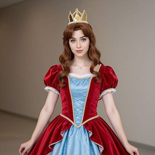 Photorealistic digital image of a young woman with long brown hair, wearing a gold crown, red velvet dress with blue and white trim, and light