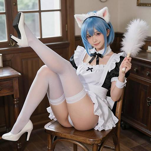 Blue-Haired Anime Maid in Dim Room