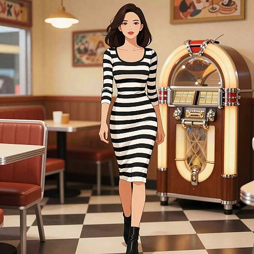 Woman in Striped Dress at Diner