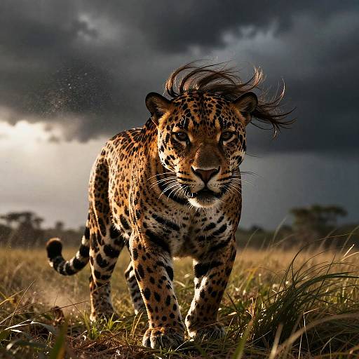 Jaguar in Stormy Grassland
