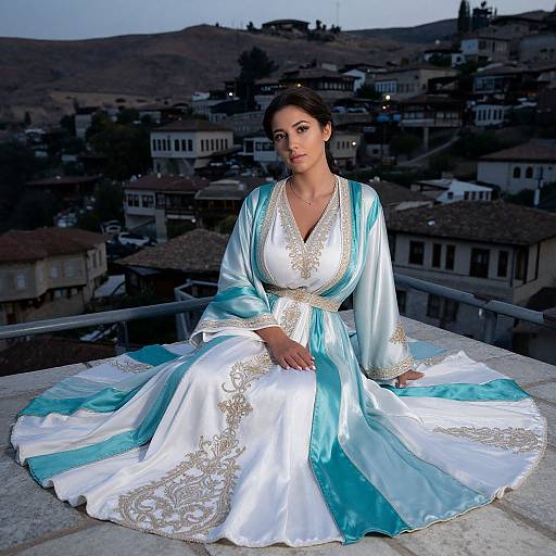 Photograph of a woman with fair skin and dark hair in a white and turquoise satin dress with gold embroidery, sitting on a rooftop overlooking a twilight urban