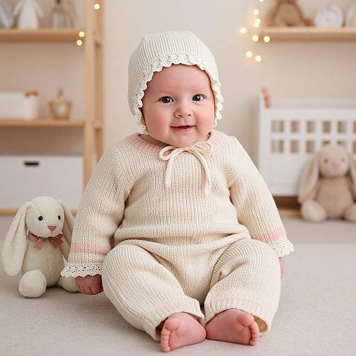 Photograph of a smiling baby in a white knitted onesie and matching cap, sitting on a beige floor with a white bunny toy, in a