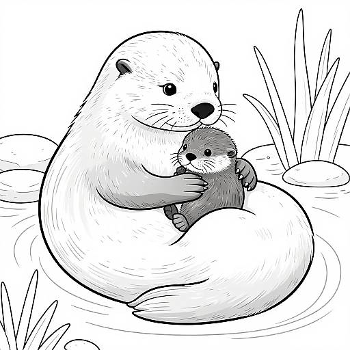 Black-and-white line drawing of a large white otter cradling a small gray otter in its arms, surrounded by grass.