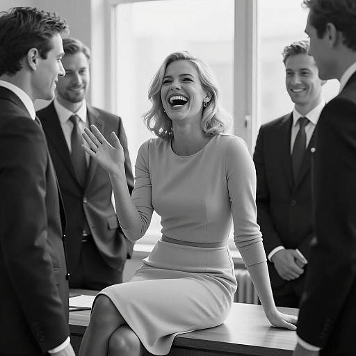Joyful Woman Surrounded by Suited Men