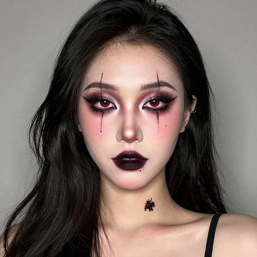 Digital portrait of an East Asian woman with long black hair, pale skin, dramatic black eye makeup, black lipstick, and dark tear-like streaks,