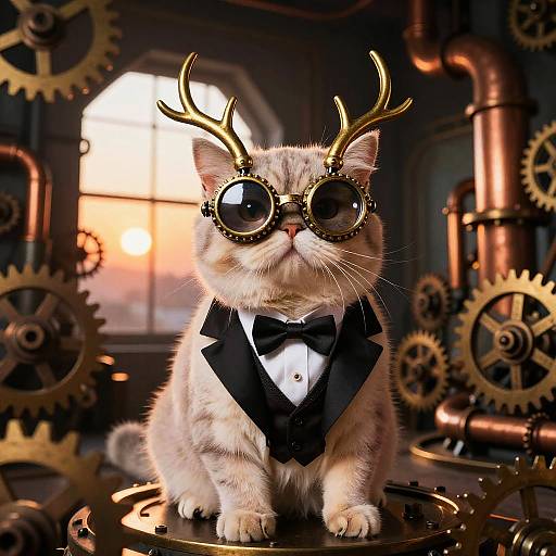 Photorealistic digital art of a white cat with gold antlers and steampunk goggles, wearing a black tuxedo, surrounded by brass gears