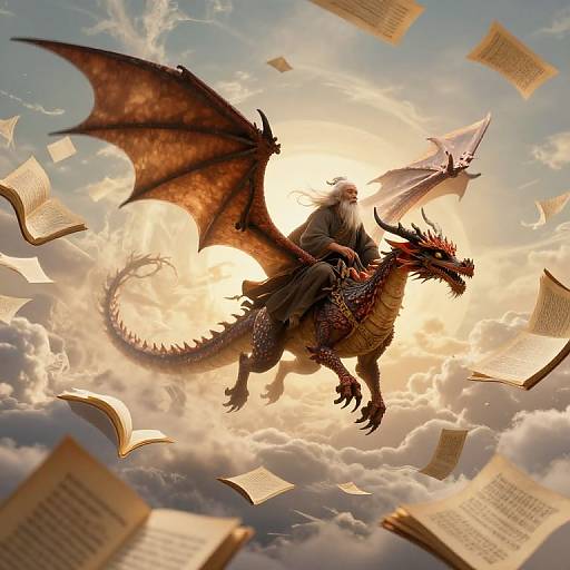Digital art: A white-bearded wizard in a black robe rides a red and black dragon through a cloudy sky filled with flying books. Sunlight illumin