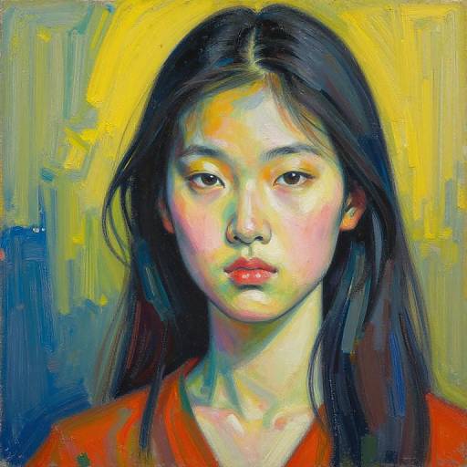 Digital painting of an Asian woman with long black hair, red lips, and yellow background; vibrant colors, expressive brush strokes.