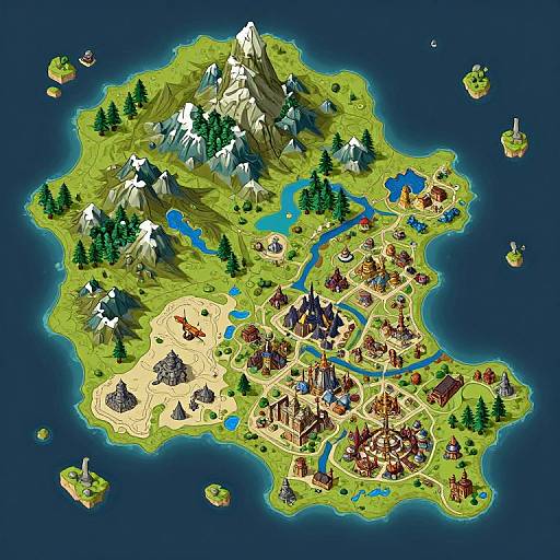 Digital top-down map of a vibrant, detailed fantasy island with snowy mountains, forests, rivers, villages, camps, and diverse terrain elements.