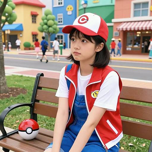Digital art of an Asian girl in a red and white Pokémon vest, blue overalls, and red cap, sitting on a bench with a Poké
