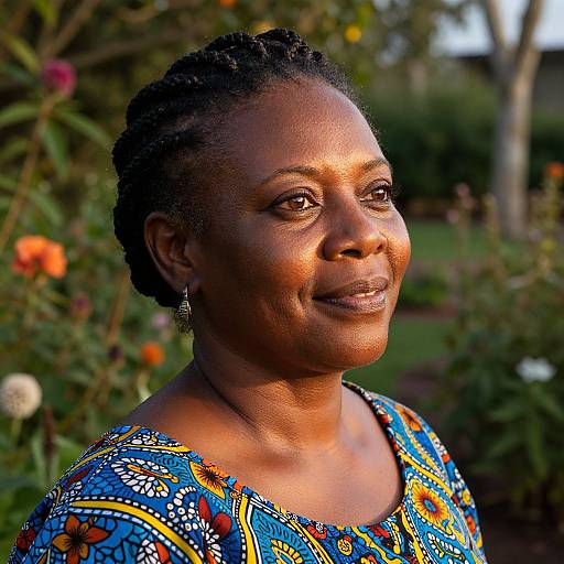 Photograph of a smiling African woman with dark skin, braided hair, wearing a colorful, patterned dress, standing in a garden.