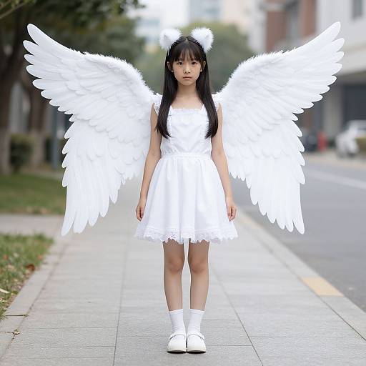 Girl in White Fairy Wings Costume