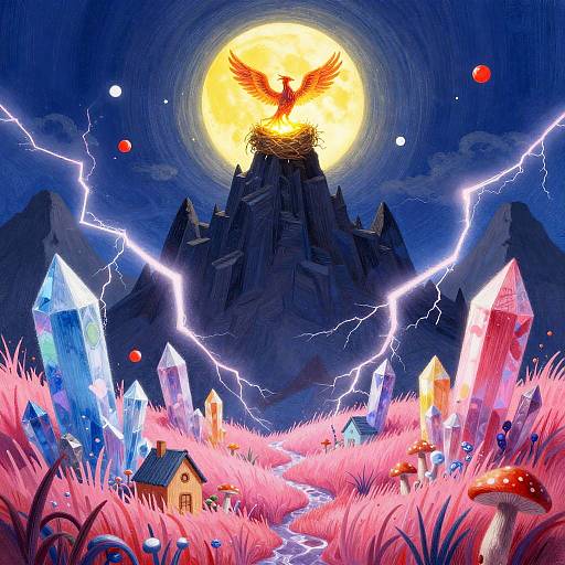 Surreal Fantasy Landscape with Phoenix and Crystal Peaks