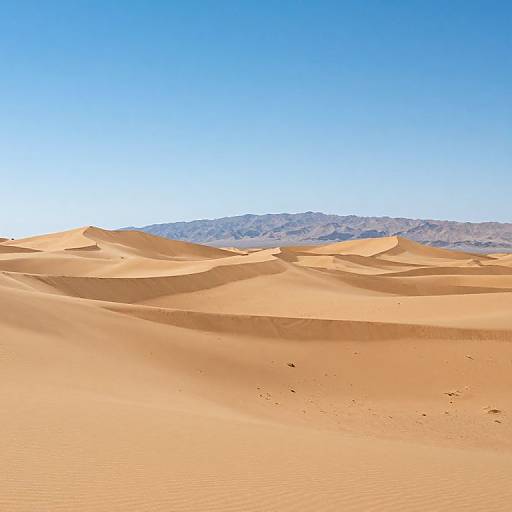Photograph of a vast, sunlit desert with undulating sand dunes, under a clear blue sky, with distant rocky mountains in the background.